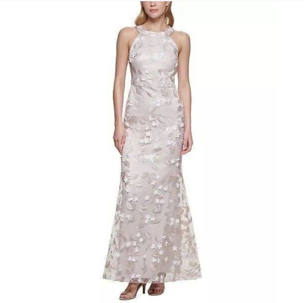 Eliza J Floral Applique Tulle Mermaid Sleeveless Floral Halter Maxi Dress Gown 2